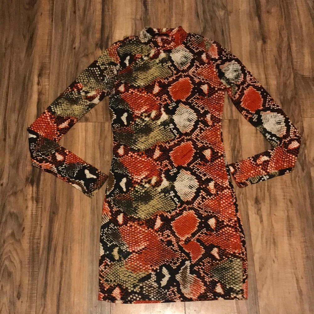 Shein orange black brown cream snake print long sleeves dress